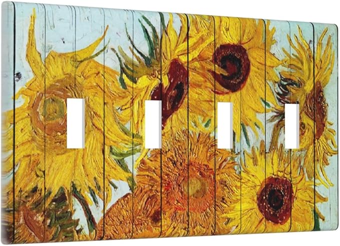 Light Switch Covers Sunflowers Oil Paintings Wood Floral Quad Toggle Electrical Faceplate 4 Gang Wall Plate Decorative Switch Plates For Farmhouse Bed Room Decor