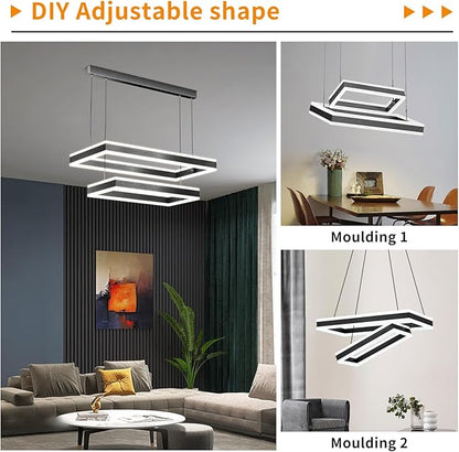 Modern LED Chandelier, Double Rectangles Ceiling Pendant Lights, LED Island Lights Dimmable Chandeliers for Dining Room Living Room Bedrooms, Black (40CM/60CM)