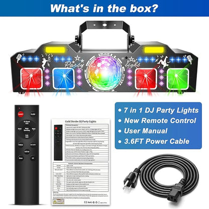 7 in 1 Dj Disco Ball Party Lights with DMX512 and Sound Activated LED Strobe Stage Lighting Show for Parties Indoor Dance Dj Party Karaoke Bars Clubs Christmas Halloween Decorations