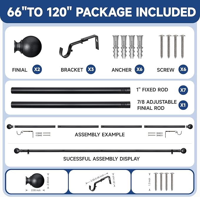 BRIOFOX Black Curtain Rods for Windows 66 to 120 Inch(5.5-10ft) - 1'' Diameter Heavy Duty Curtain Rods with Imitation Wood Grain Pattern Finials,Adjustable Decorative Curtain Rods Set,28-120''