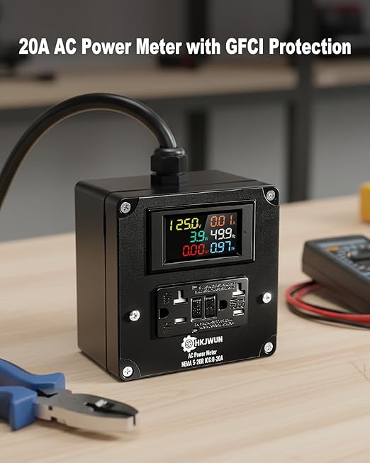 20A AC Power Meter, 125V Outlet Monitor for NEMA 5-15P to 5-20R, Multifunction Energy Monitor, LCD Digital Real-Time Display for Monitoring Voltage Current Power Electricity Consumption Frequency