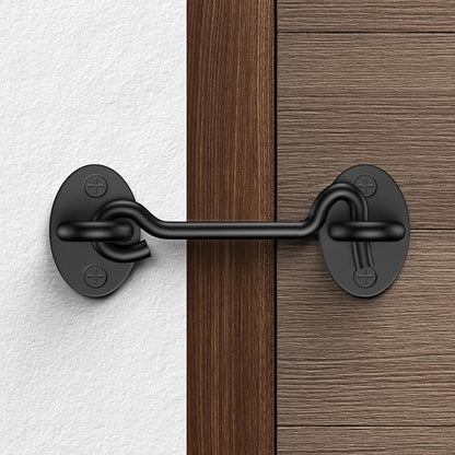 2 Pack Barn Door Latch Lock 4" Black Hook and Eye Latch with Screws, Rust-Resistant Metal Gate Latch for Window, Cabin Hooks, Sliding Door, Bathroom, Bedroom