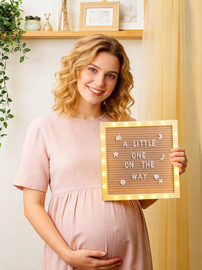 Changeable Felt Letter Board with LED Lights - 10×10" Message Custom Signs & Wood Stand & 450 Letters, Poster Board for Valentine's Day/Baby/Pregnancy Announcement/Classroom Wall Decor Gifts, Camel