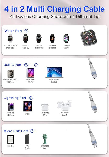 100W Multi Charging Cable for Apple Watch, 4-in-2 Charger Cord with Type C/Lightning/Micro USB/Magnetic iWatch Charger for iPhone 17-12, MacBook, iPad, Samsung, 10FT RV & Travel Essentials