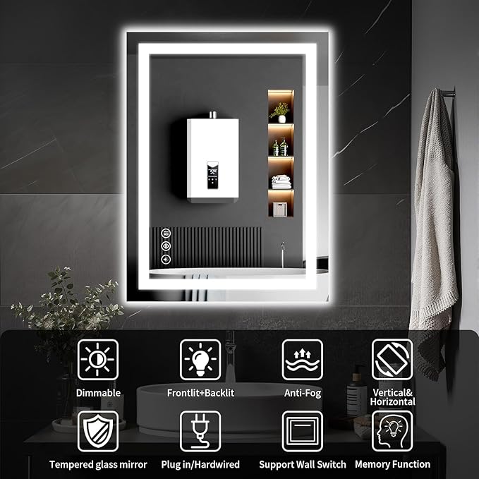 40"x30" LED Bathroom Mirror with Lights, Dimmable, Anti-Fog, Lighted Bathroom Vanity Mirror for Wall, Backlit + Front Lit, Memory Function, Shatter-Proof, Tempered Glass