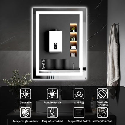 26"x38" LED Bathroom Mirror with Lights, Dimmable, Anti-Fog, Lighted Bathroom Vanity Mirror for Wall, Backlit + Front Lit, Memory Function, Shatter-Proof, Tempered Glass