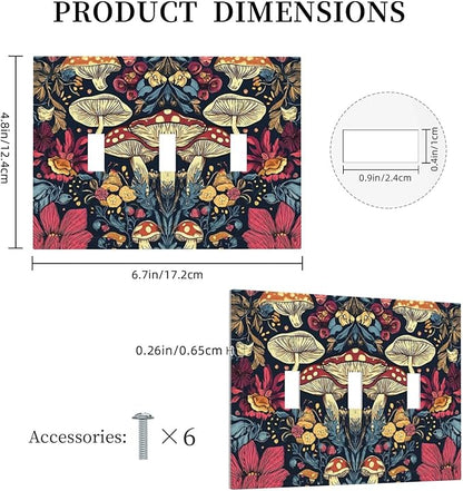 Decorative Light Switch Cover Plate Coloful Red Yellow Orange Magical Mushroom Forest 3 Gang Wall Plate Triple Toggle Switch Plate Covers Electrical Outlet Cover for Bedroom Home Decor