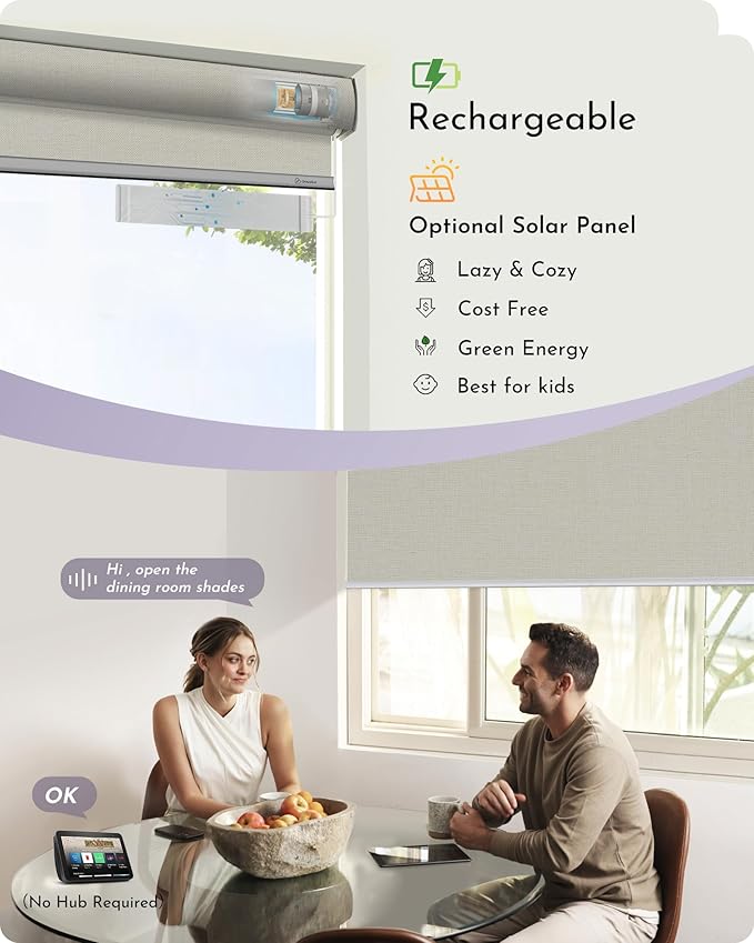 Graywind Smart Blackout Roller Shades Compatible with Alexa Google Triple Weaved Fabric Rechargeable Motorized Blinds Cordless Remote Control Window Shades, Custom Size (Beige White)
