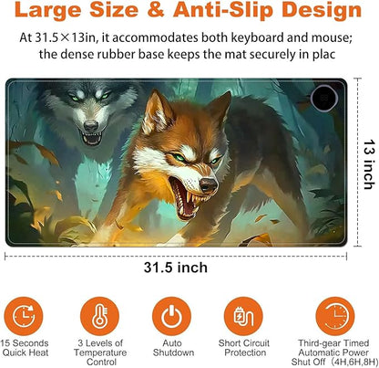 Heated Mouse Pad for Desk 31.5" x 13" – PU Leather Warm Desk Pad with 3 Heat Levels (104°F/113°F/122°F), Plug-in Electric Heating Mat with Auto Shut-Off, Waterproof & Rollable, Forest Wolves