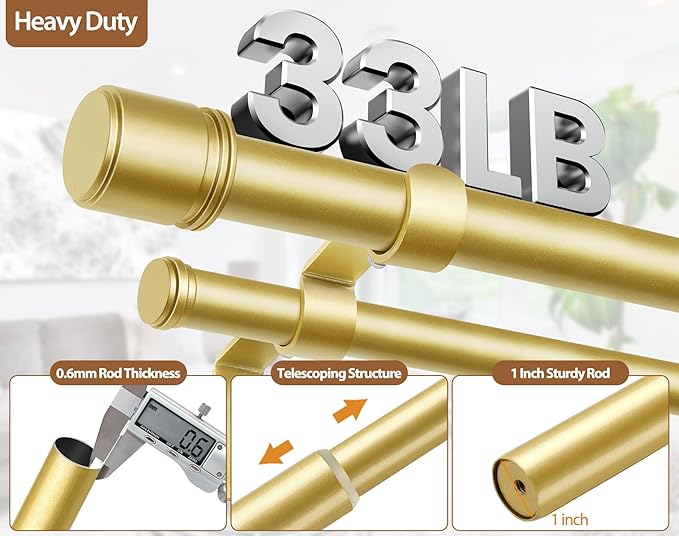 Double Curtain Rod 72 to 144 Inch, HOTOZON 1 Inch Heavy Duty Double Curtain Rods for Windows 60 to 140 Inches(5-11.6 ft), Telescoping Drapery Rod with Simple End Finials, Gold
