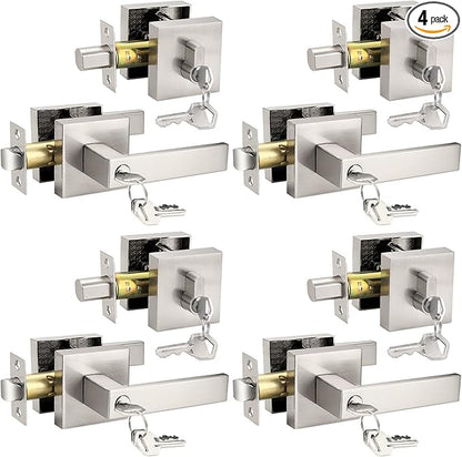 Probrico Square Keyed Entry Levers and Single Cylinder Deadbolts Combo Pack, Satin Nickel Heavy Duty Entrance Locksets for Office Bedroom and Front Door, 4 Pack Keyed Alike(All Same Keys)