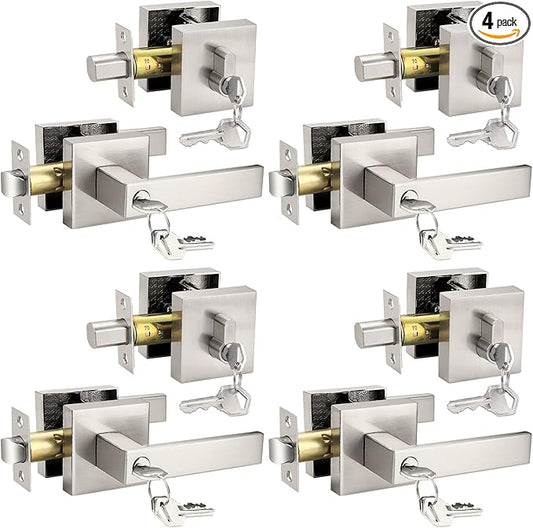 Probrico Square Keyed Entry Levers and Single Cylinder Deadbolts Combo Pack, Satin Nickel Heavy Duty Entrance Locksets for Office Bedroom and Front Door, 4 Pack Keyed Alike(All Same Keys)