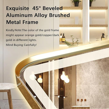 Rectangle LED Bathroom Mirror, 40"x30" Anti-Fog Double Touch Lighted Wall Vanity Mirror 45° Beveled Metal Frame Stepless Adjustable Color Temperature Smart Mirror 3000K-6000K, Gold