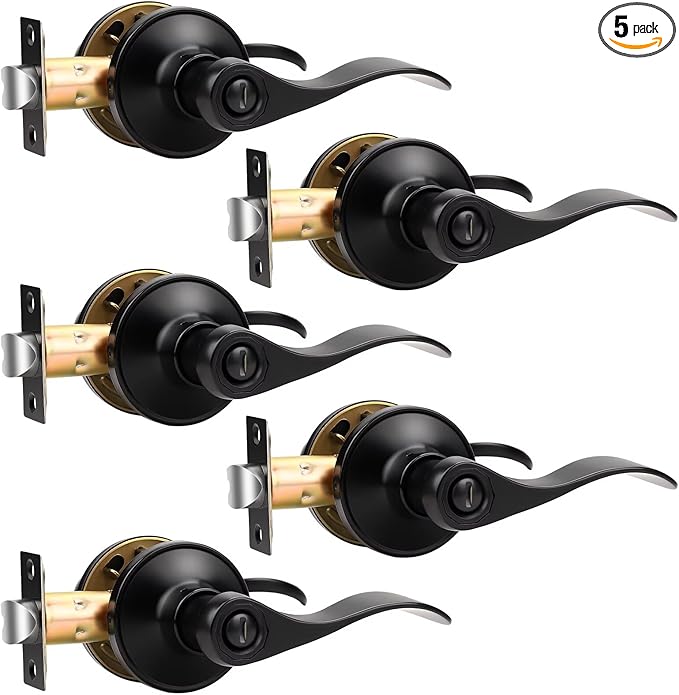 Knobonly 5 Pack Matte Black Door Lever Privacy Door Handles, Zinc Alloy Door Handle Interior, Keyless Lock for Bedroom or Bathroom