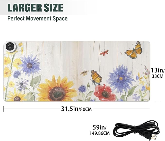 Heated Desk Pad Mouse Pad 31.5x13 Inch PU Leather Desk Mat with 3 Heat Levels Large Mouse Gaming Computer Laptop Mat Watercolor Cornflower Butterfly