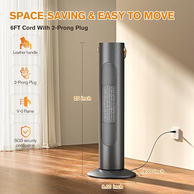 Electric Space Heaters For Indoor Use, 25" 2-IN-1 Tower Heater And Fan Combo, 70°Oscillating, 2S Instant Heating, 1500W, 3 Heating & Fan Modes,Electric Portable Heater For BedroomOfficeHome, Black
