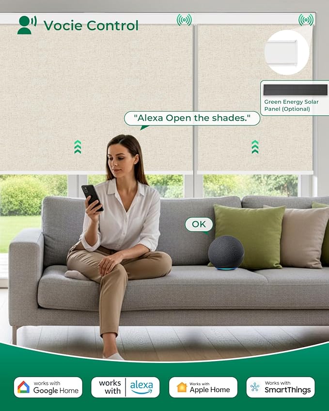 Allesin Motorized Roller Blinds – Rechargeable Smart Shades with Remote & Quiet Motor, Top/Bottom Aluminum Rails, Alexa-Compatible for Window (Custom Size, 100% Blackout Sand-Linen)