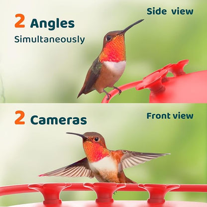 Birdfy Hummingbird Feeder with Dual Cameras - 2K HD Smart Cameras Solar Powered, Close-Up Bird Video/Live Watching & Instant Notifications, Ant Moat & Leakproof - 20oz (AI Lifetime)
