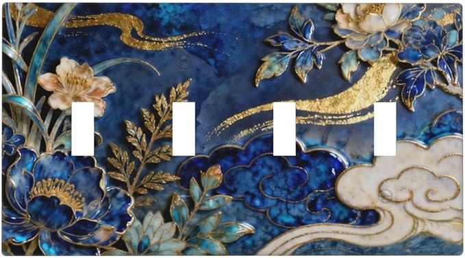 Decorative Light Switch Cover Plate Blue White Flower Gold Line Cloud 4 Gang Wall Plates for Electrical Outlets Quad Toggle Switch Plate Covers Outlet Covers Faceplate for Home Decor