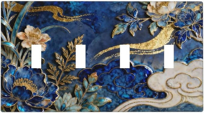Decorative Light Switch Cover Plate Blue White Flower Gold Line Cloud 4 Gang Wall Plates for Electrical Outlets Quad Toggle Switch Plate Covers Outlet Covers Faceplate for Home Decor