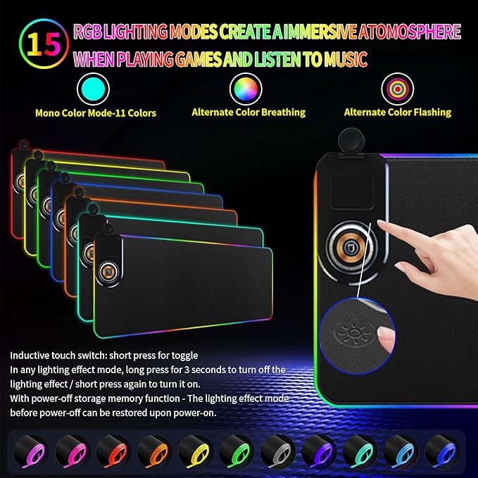 15W Fast Wireless Charging Mouse Pad, XXL RGB Gaming Desk Mat (31.5x15.7in) with Power Adapter & USB-C Cable，15 RGB Light Modes Desk Mat, Waterproof Keyboard Pad for PC/MacBook/Laptop (Black)