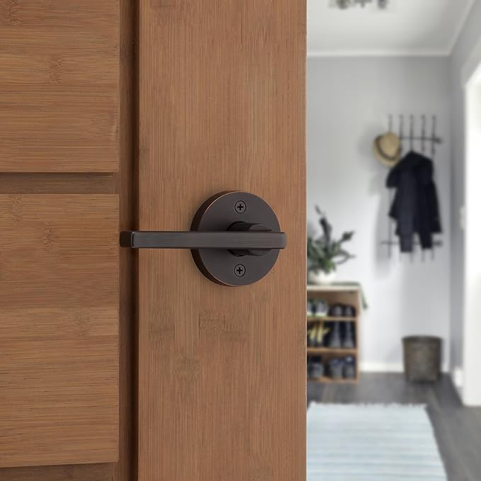 Kwikset Halifax Dummy Door Handle, Single Sided Round Lever for Closets, French Double Doors, and Pantry, Venetian Bronze Non-Turning Reversible Interior Push/Pull Lever, with Microban Protection