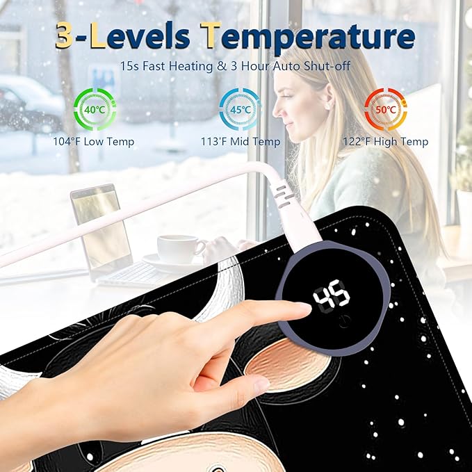 Heated Mouse Pad with 3 Temperature Settings(104°F–122°F),Large 24x14.2 Inch PU Leather Heated Desk Mat,Waterproof Warming Pad for Office,Gaming & Cold Hands Relief,Cute Black White Cow