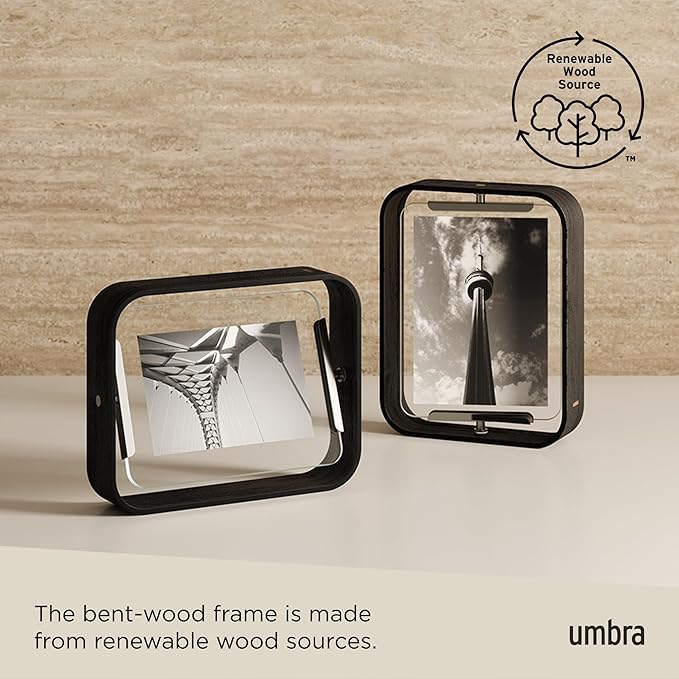 Umbra Bellwood 5x7 Desk Picture Frame with Bent Wood Trim and Two-Sided Rotating Display, Black