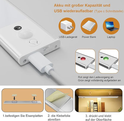 2 Pack 30CM Under Cabinet Lights [with Remote], 120 LEDs Motion Sensor Light, 3 Color Temps Dimmable & Timable, Rechargeable Closet Lights for Cabinet, Closet, Kitchen, Hallway, Stairs