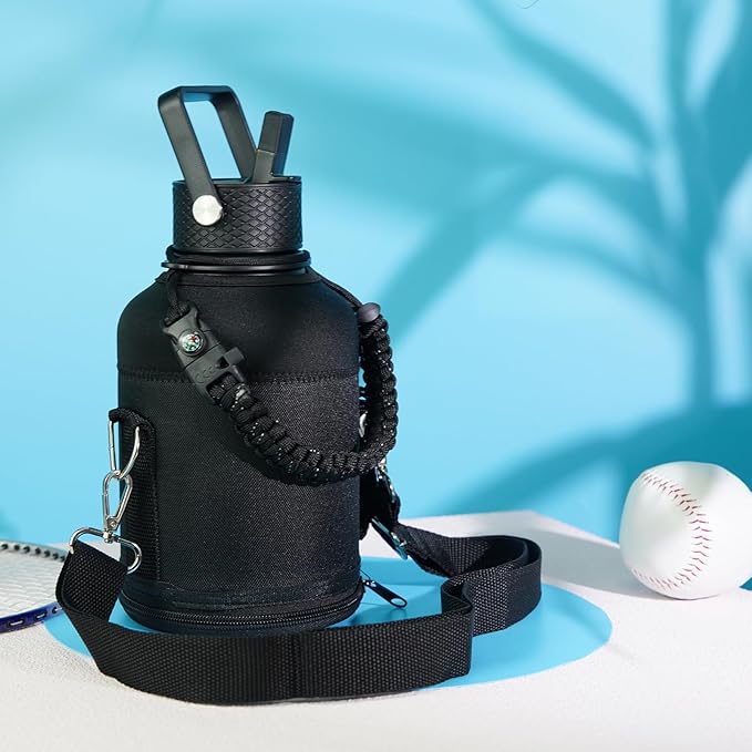 Gallon Insulated Water Bottle with Straw,128 oz 3 Lids Water Jug with Carrying Bag,Paracord Handle, Double Wall Vacuum Stainless Steel Metal Flask,Purple