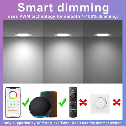 24Pack Smart Recessed Lighting 4 Inch RGBCW Color Changing 12W LED Downlight with Junction Box,1000 Lumen Recessed Ceiling Light Compatible with Alexa,Dimmable by Bluetooth Control