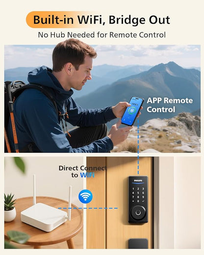Philips WiFi Smart Keyless Entry Door Lock Deadbolt With Handle Set, Built-in WiFi, App Remote & Voice Control, Fingerprint Smart Lock For Front Door, Touchscreen Keypad Front Door Lock Set, Auto Lock