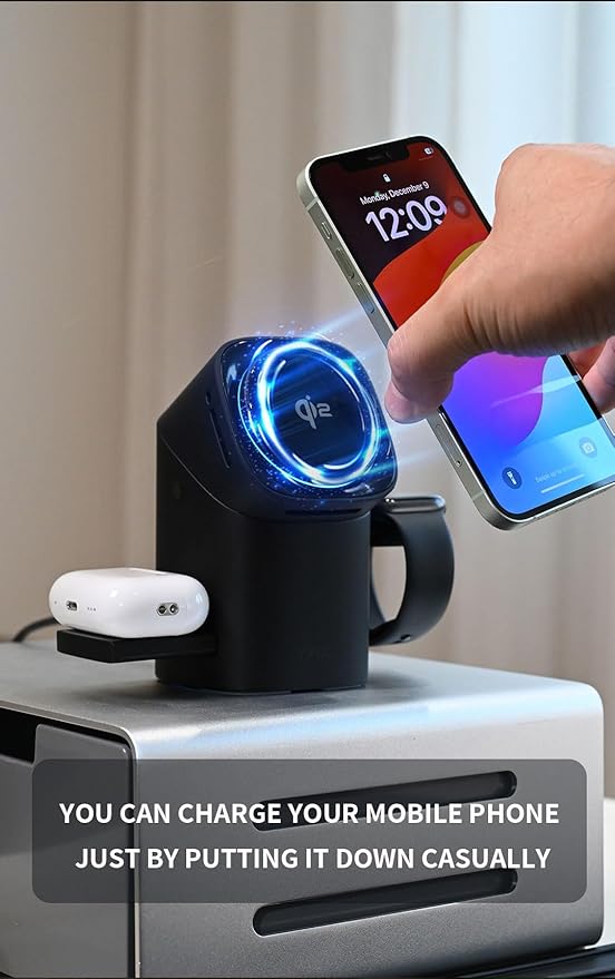 3 in 1 Wireless Charging Station for iPhone 17/16/15/14/13/12 Pro Max, Qi 2 Certified 15W Fast Charging Magnetic Charger Stand for Magsafe Phone, AirPods, Smart Watch (Black)