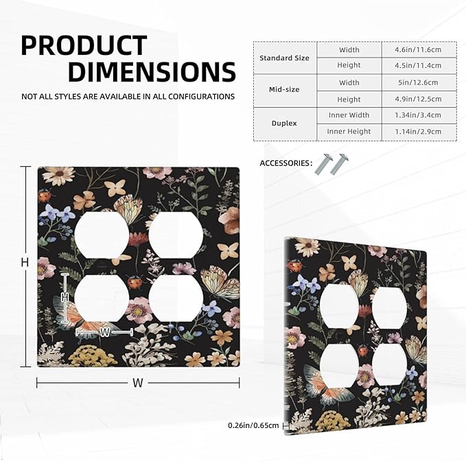 Decorative Outlet Covers Rustic Black Butterfly Flowers Leaves 2 Gang Wall Plate Cover Double Duplex Receptacle Two Switch Light Switch Cover Plate Jumbo Dual Faceplate for Home Decor