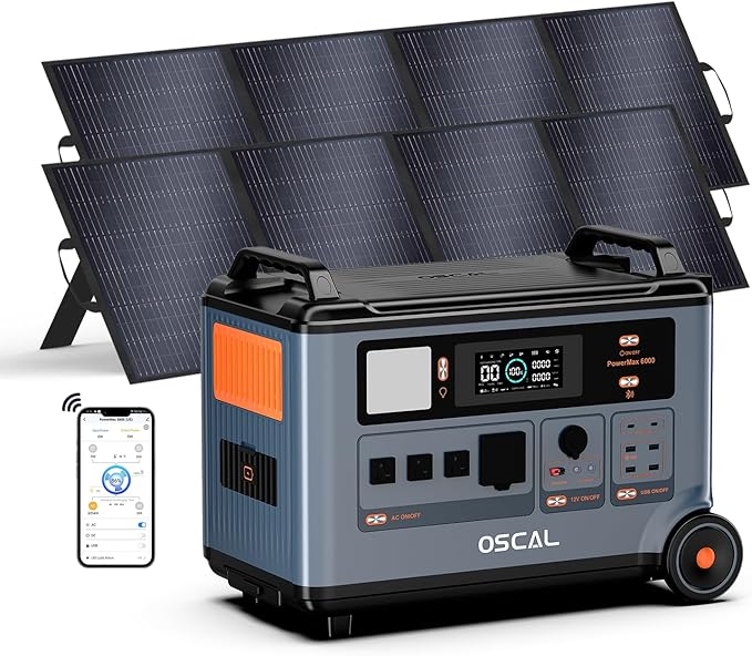 OSCAL 120V/240V Solar Generator 6000W(Peak 9000W) with 2x200W Solar Panel,Promax6000 Dual Voltage 3600WH Lifepo4 Battery Portable Power Station with 14 Outlets,2200W 1.96H Fast Charge,for Home Backup