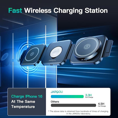 JARGO 3 in 1 Wireless Charging Station for Apple Devices, Foldable iPhone Charging Station for iPhone 17/16/15/14/13/12, Apple Watch & AirPods with Magsafe, Travel Essentials Wireless Charger (Black)