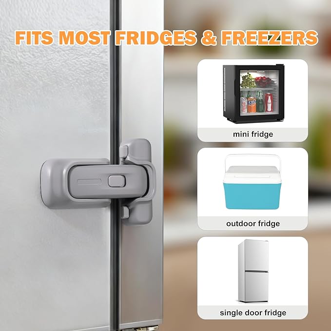 CLYMENE Child Proof Fridge Lock, Auto-Locking Refrigerator Door Latch with One-Hand Operation | No Keys or Straps | Keeps Freezer Secure from Kids & Pets – Grey