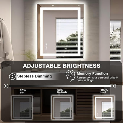 32"x36" LED Bathroom Mirror, Front and Backlit Mirror, Anti-Fog Vanity Mirror with Lights, Stepless Dimmable Illuminated, 3 Colors Smart Mirror (Horizontal/Vertical)