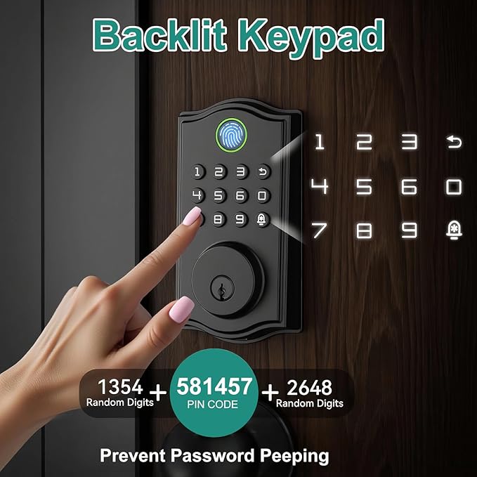 Smart Front Door Lockset, Keyless Entry Deadbolt with Handle, Fingerprint/App/Code/Key Unlock, Anti-Peeping Keypad, Auto-Lock, Easy Install