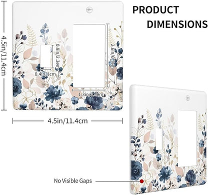 Blue Flora Boho Vintage Flower Golden Leaves Outlet Covers 1 Toggle 1 Rocker Combination Decorative Wall Plate Electrical Switch Plates Light Switch Cover Plate for Bedroom Living Room Decor