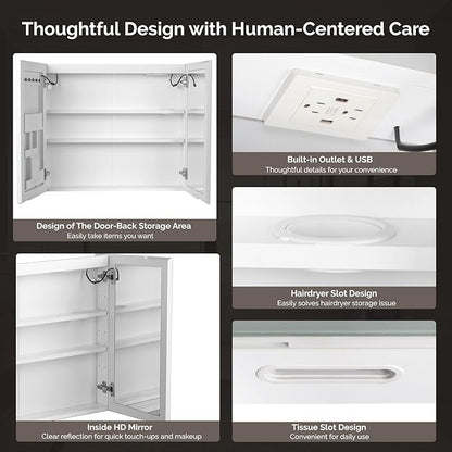 VINGLI Lighted Medicine Cabinet with Mirror Bathroom Mirror Medicine Cabinet Wall Mounted with Storage LED Lights Charging Station Defogger Modern Bathroom Mirrors for over Sink with Storage (32"*28")