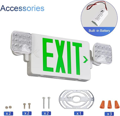 TANLUX Green Exit Sign with Emergency Lights, LED Exit Light - Battery Backup, UL Listed, AC 120/277V - Corded Commercial Emergency Light Combo