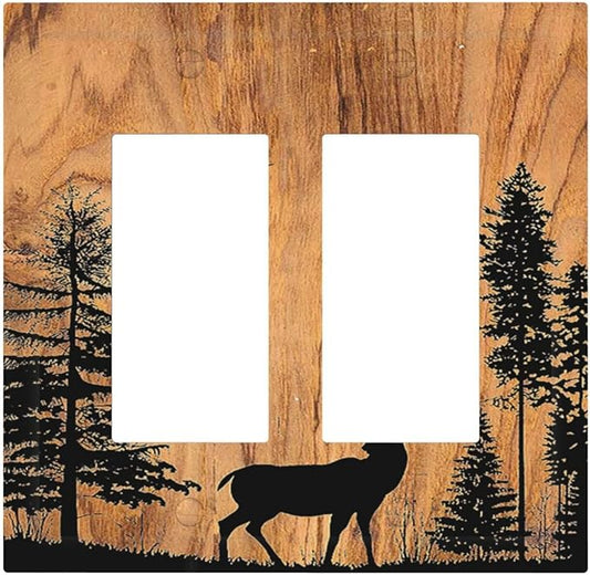 Decorative Outlet Covers Rustic Farmhouse Orange Brown Pine Tree Deer Wood Grain 2 Gang Double GFCI Rocker Electrical Wall Panels Light Switch Cover Plate for living Room Cabin Decor