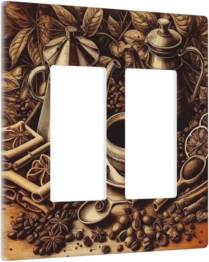 Decorative Outlet Covers Vintage Coffee Beans Leaf Cup 2 Gang Wall Plate Double Rocker Two Switch Wall Cover Plate Jumbo Dual GFCI Faceplate for Kitchen Home Decor