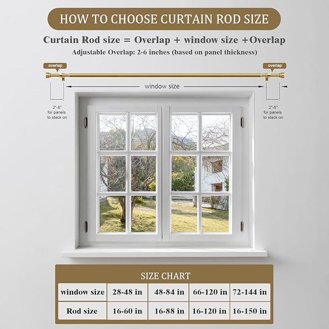 Oneach Heavy Duty Curtain Rods for Windows 66 to 120 Inch, 1 Inch Brass Gold Curtain Rod, Adjustable Length Rod with Metal Finials, Modern Decorative for Bedroom Kitchen Living Room (16 to 120 Inch)