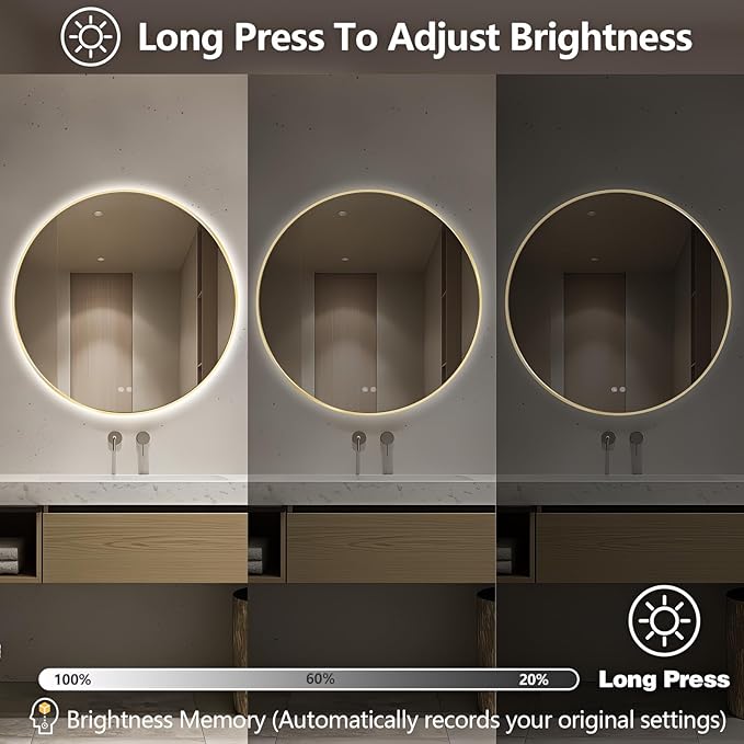 Niccy Round Led Mirror for Bathroom, 36" Backlit Mirrors for Wall Circle Lighted Mirror with Old Gold Frame Anti-Fog, 3 Colors, HD Glass and IP65 Waterproof