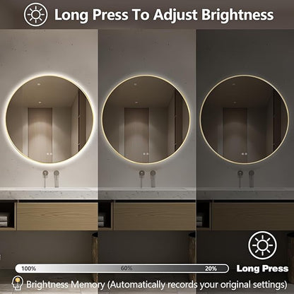 Niccy Round Led Mirror for Bathroom, 36" Backlit Mirrors for Wall Circle Lighted Mirror with Old Gold Frame Anti-Fog, 3 Colors, HD Glass and IP65 Waterproof