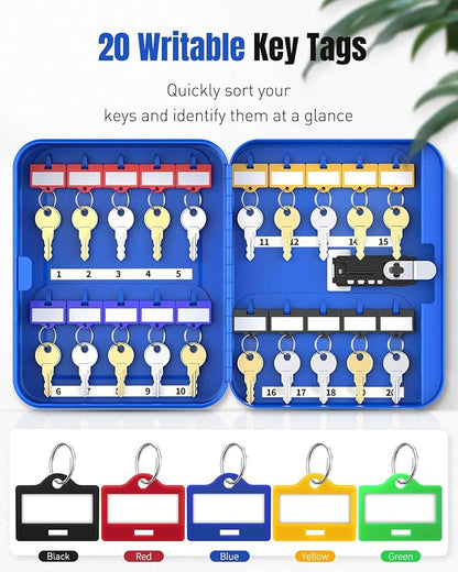 Uniclife 20 Keys Key Lock Box with Code, Wall Mount Lock Box for Keys with Code, Key Organizer with Tags, Key Cabinet, Key Storage Box for Home Office & Company, Blue