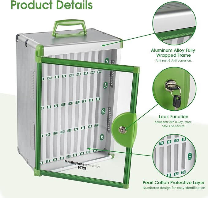 Glosen 36 Slots Cell Phone Locker, Portable Phone Storage Cabinet [Wall Mounted] [Aluminum Alloy] Cellphone Lock Box with Key & Handle for School Classroom Office Exam (Green)