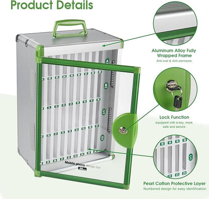 Glosen 36 Slots Cell Phone Locker, Portable Phone Storage Cabinet [Wall Mounted] [Aluminum Alloy] Cellphone Lock Box with Key & Handle for School Classroom Office Exam (Green)